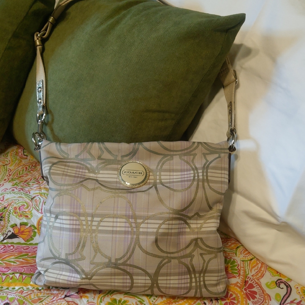 Coach Cream and Purple Shoulder Bag with Signature Monogram